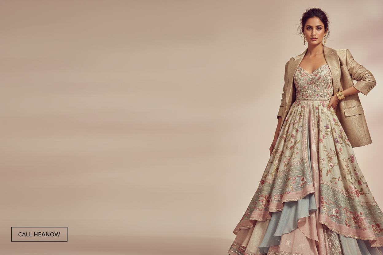 Editorial fashion photography of a modern South Asian woman wearing a seasonal designer outfit.
Muted pastel background, elegant posture, premium textile details visible.
Natural soft lighting, fashion brand website hero banner style.
Wide angle shot with space for headline and call-to-action button.
Ultra realistic, professional fashion photoshoot.
