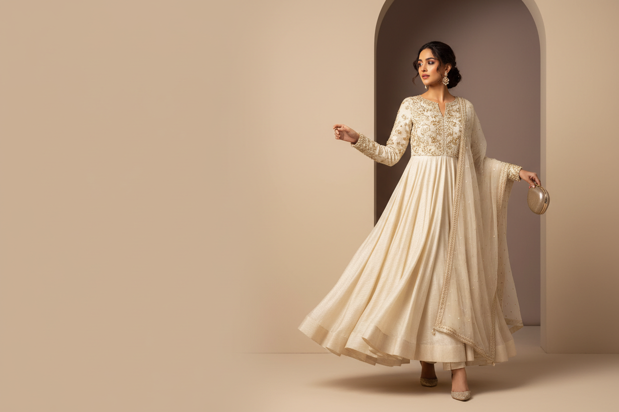 Luxury fashion campaign photo featuring a Pakistani female model in a sophisticated pret outfit.
Minimalist studio background, graceful pose, refined expression.
Soft shadows, warm lighting, editorial fashion magazine look.
Clean composition with negative space for website banner text.
High-end clothing catalog photography, 16:9 ratio.
